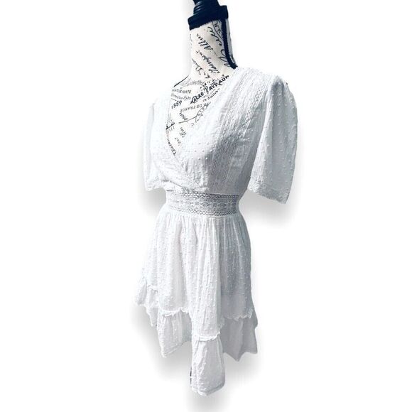 Lulus L White Lace Mini Dress V-Neck Ruffle Hem Bridal Wedding Guest Sundress - Picture 4 of 12